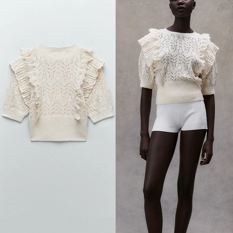 

sweaters Vintage Ruffle Knit Sweater Women O Neck Short Sleeve Openwork Pullover Woman Fashion Streetwear Knitted Spring Top, As picture