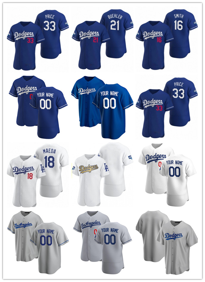 

Custom Mens women Youth Los Angeles Dodgers 16 Will Smith 33 David Price 18 Kenta Maeda 21 Walker Buehler Baseball Jerseys, Blue;black