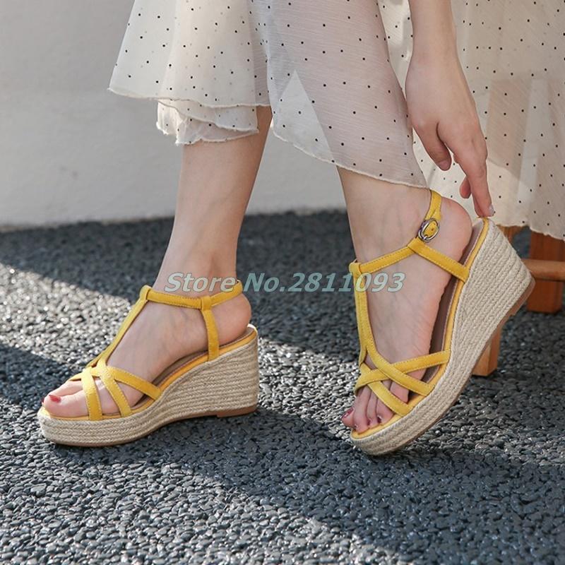 

Sandals T Strap Rome Women Suede Yellow Apricot Black Blue Summer Wedges Platform Weave Rope Decor Open Toe