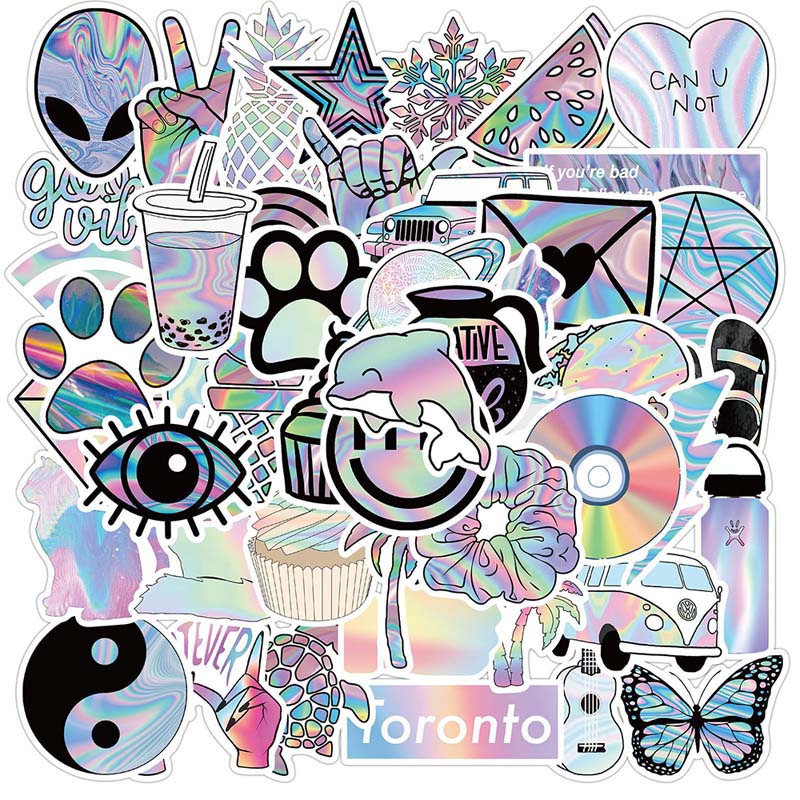 

DIY Cute VSCO Holographic Laser Cartoon Sticker Ice cream Hamburger Coke Whale Guitar Stickers Luggage Skateboard Car Graffiti Girl Gradient Decal, Mix