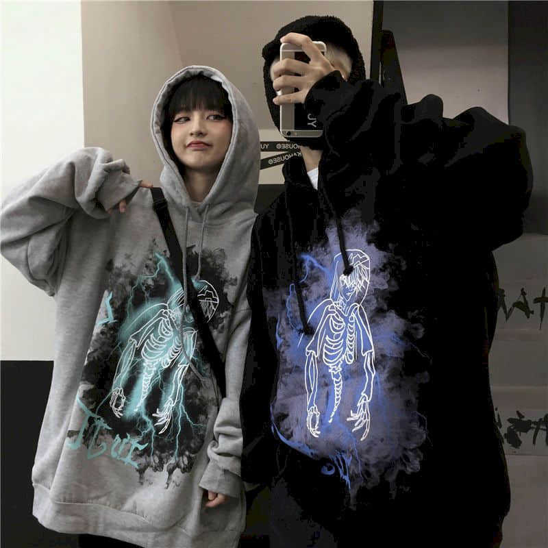

Hooded sweatshirt men and women trend autumn winter Korean dark graffiti cartoon plus velvet loose coat printing 210526, Thin 913 black