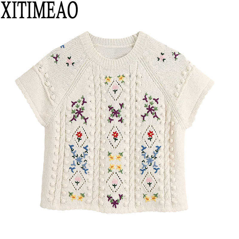 

ZA Women Fashion Floral Embroidery Cropped Knitted Sweater Vintage O Neck Short Sleeve Female Pullovers Chic Tops 210602, As picture
