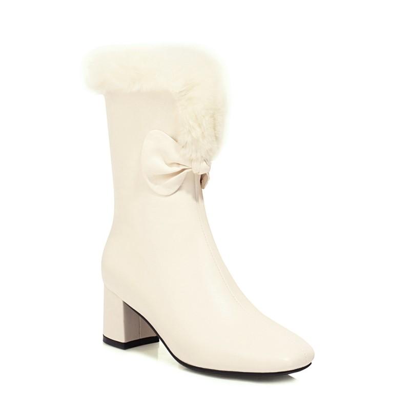 

Boots Plus Size Square Head Bow Women Woman Winter Shoes Botas, Beige