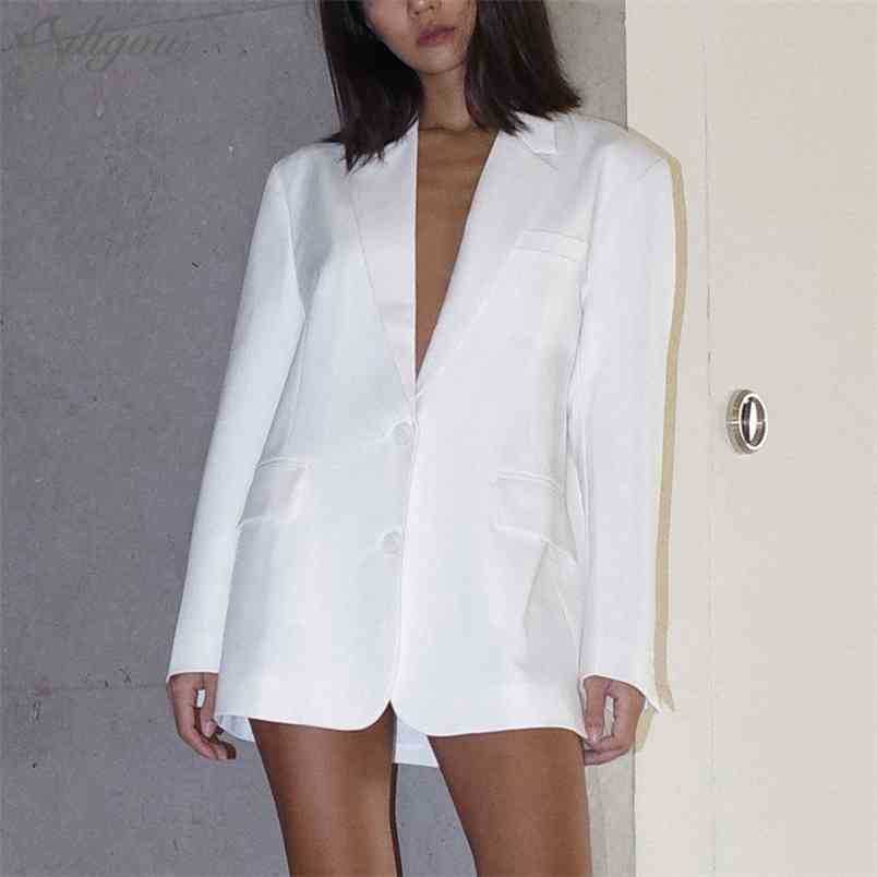 

Women' High Quality Slim White Coat Summer Breasted Pocket Jacket Sexy V-neck Ladies Formal 210525