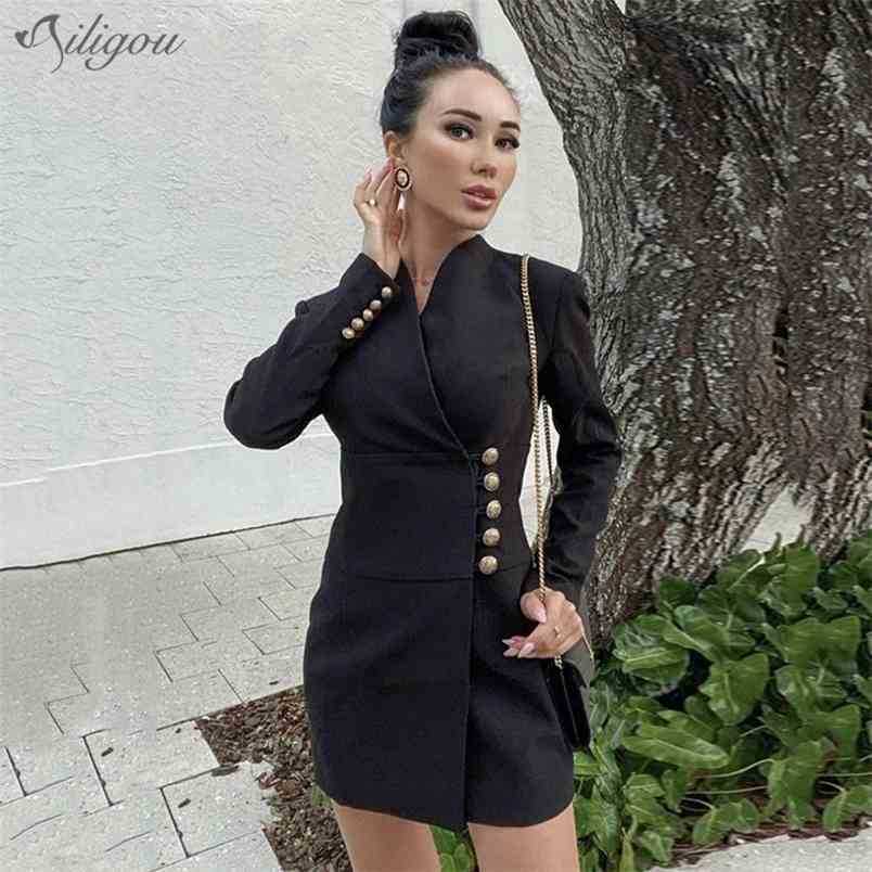 

Autumn Women'S Fashion Long Sleeve Black Mini Dress Sexy V-Neck Button Club Celebrity Party Vestidos 210525