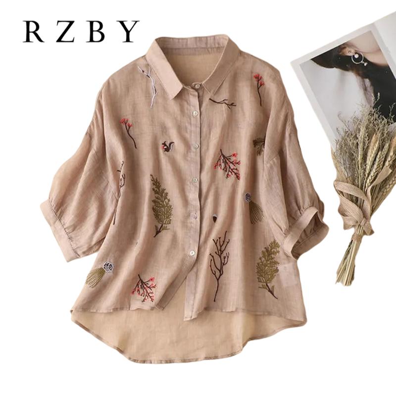 

Women's Blouses & Shirts Button Up Shirt Women Embroidery Prairie Chic Half Sleeve Turn-down Collar Sold Floral Blouse Casual Female Tops RZ, Ivory