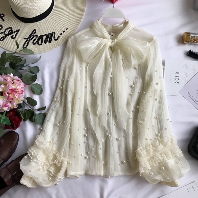 

Stand Collar Long Sleeve Tie Neck Bow Blouse Women White Pearl Beading Embellished Striped lantern Shirt 210601
