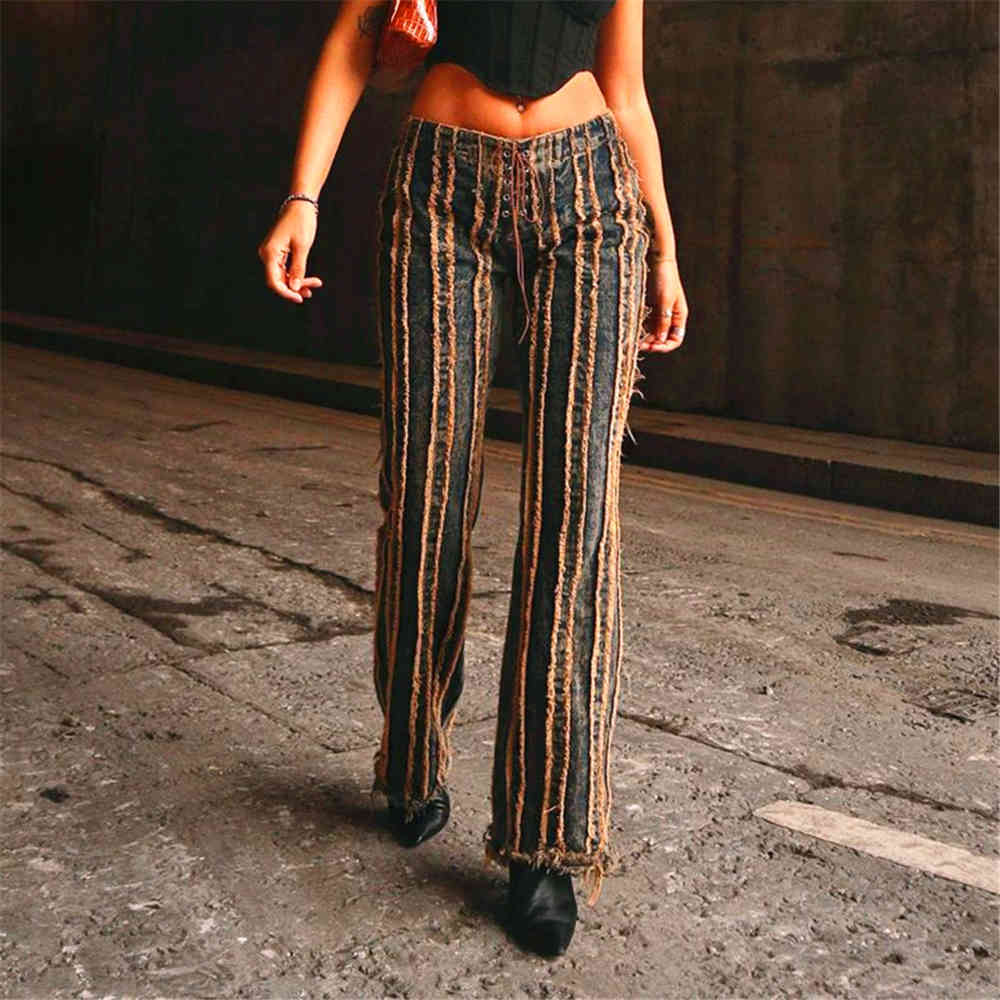 

jean Blue Spliced Raw Edge Straight Casual Jeans Women 2021 Spring Lacing Vintage Streetwear Lady Fashion Wild Denim Trousers, 01
