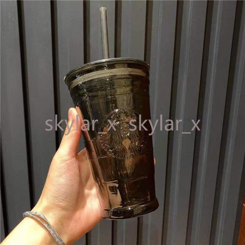 

2021 Summer 400-500ML Starbucks Black Glass straw Mugs Mermaid logo heat insulation Coffee mug cola fruit juice