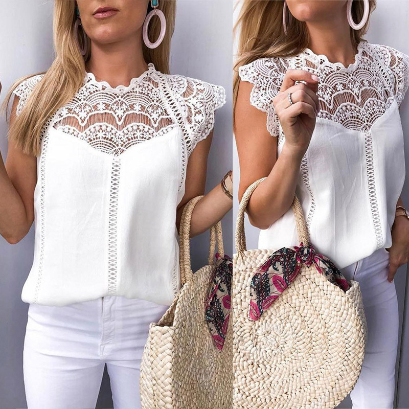 Summer Womens Tops And Blouses Lace Patchwork Sleeveless Solid Shirt Women Blouse Blusas Roupa Feminina 210419