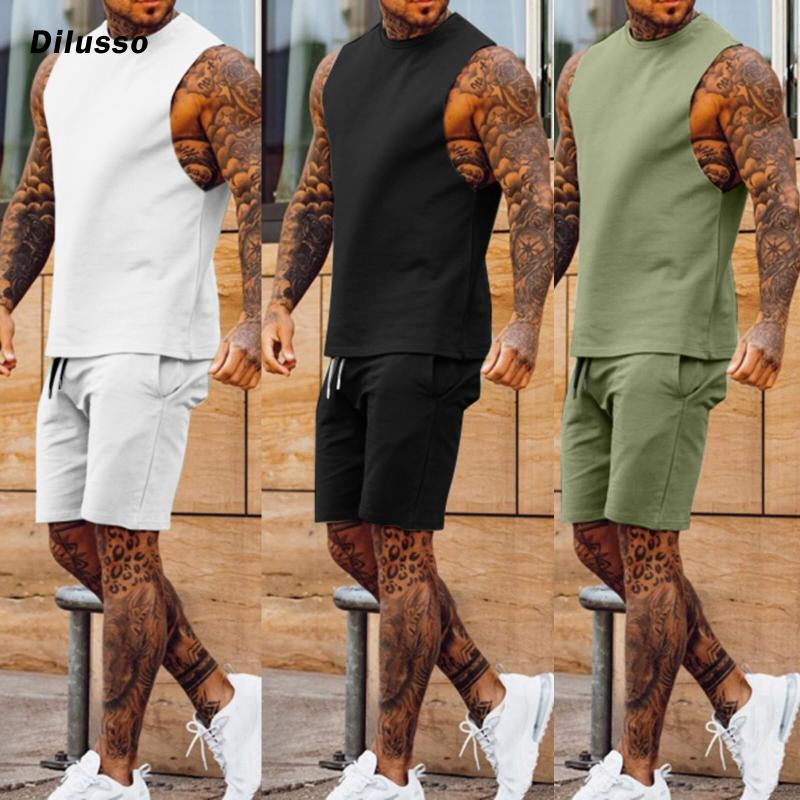 

Men's Sets Mens 2 Piece Outfit Jogger Set Solid Sweatsuits Casual Shorts Summer Clothing Male Sleeveless Tank Tracksuit Tracksuits, Black