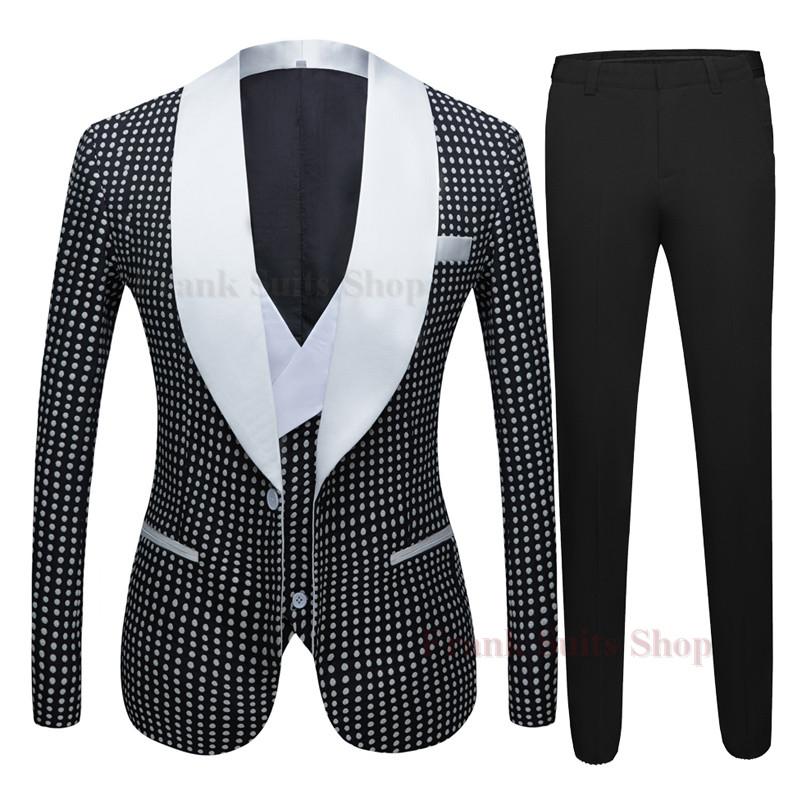 

Black Checkered Dots Men Suits 3PCS For Wedding Slim Fit Groom Tuxedos Set Jacket With Pants Fashion Men's & Blazers, As picture