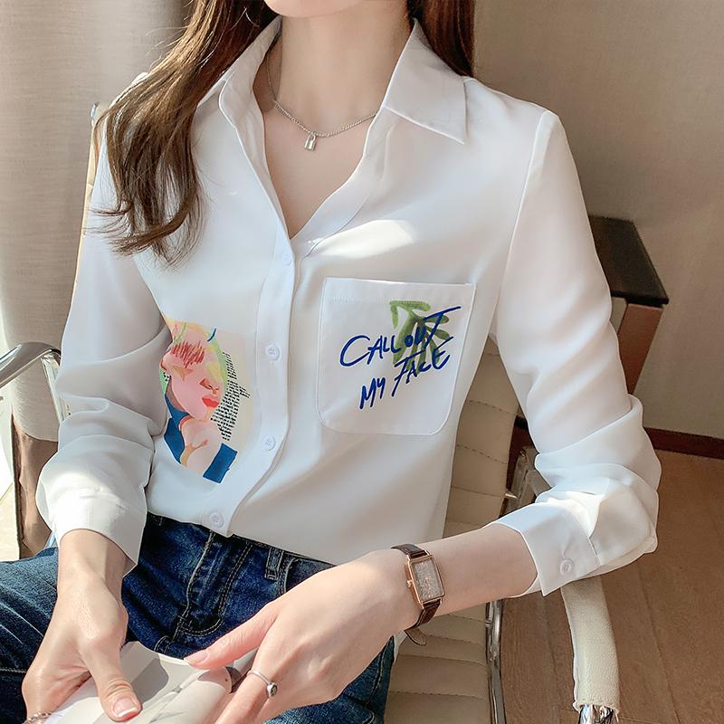 

Women' Blouses & Shirts 2021 Women White OL Chiffon Print Pockets Blouse Tops Button Neck Long Sleeve Chic Office Wear Woman Blusa Spring