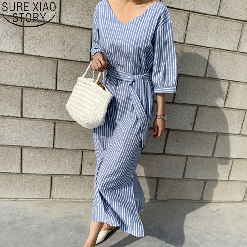 

Casual Dresses Women Dress Loose Lace Up Belt Fashion 2022 Summer V-neck Half Sleeve Striped Split Cotton And Linen Long 9679, Black;gray