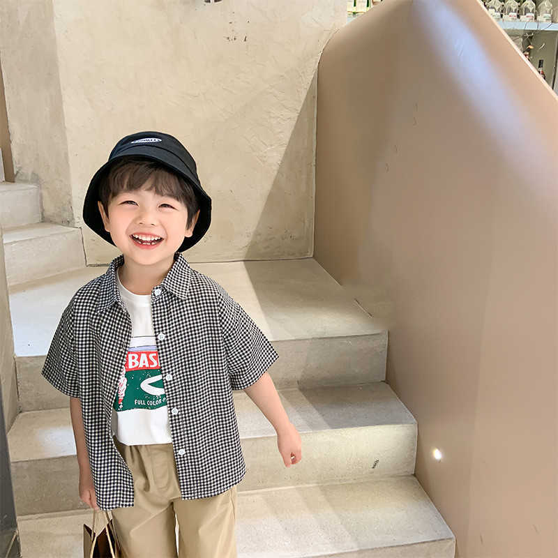 

Boys summer cotton plaid short sleeve shirts kids loose casual all-match Tops 210615, Black white