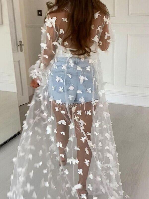 

Women' Long Mesh Robe Swimsuit Cover Up Sexy Open Front 3D Butterfly Flowy Kimono Cardigan Beach Wear Holiday Bikini Swimwear, Black