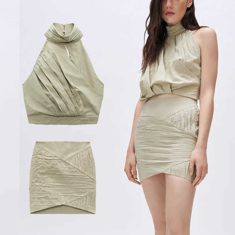 

Za Summer Pleated Cropped Blouse Women Vintage Sleeveless Halter Top Fashion Back Button Side Zip Woman Cotton Shirt 210602