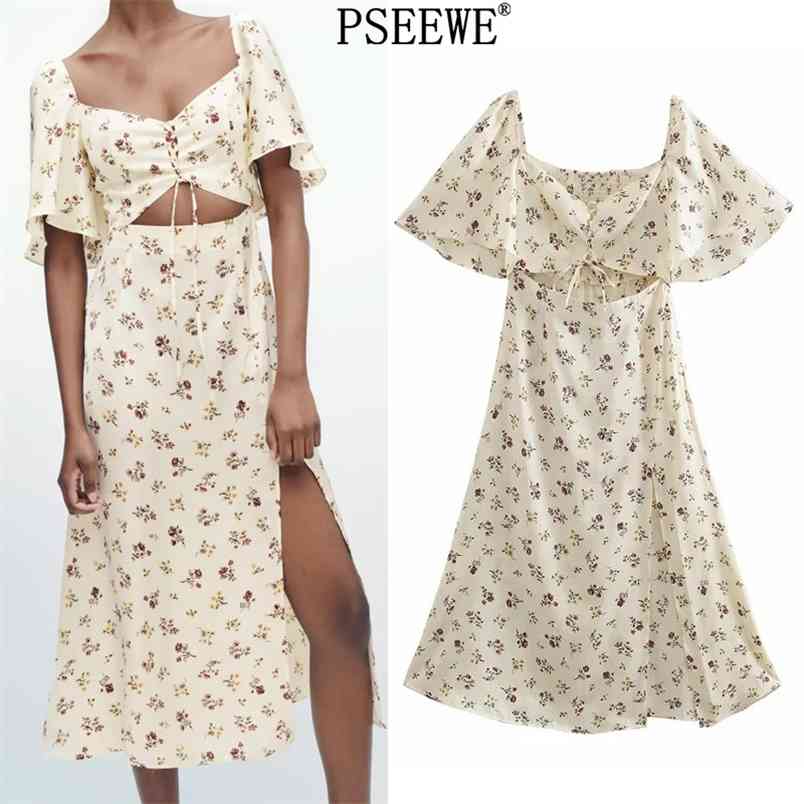 

Floral Print Midi Dress Women Cottagecore V Neck Short Sleeve Summer Long es Ladies Chic Waist Cut Out Sexy 210519