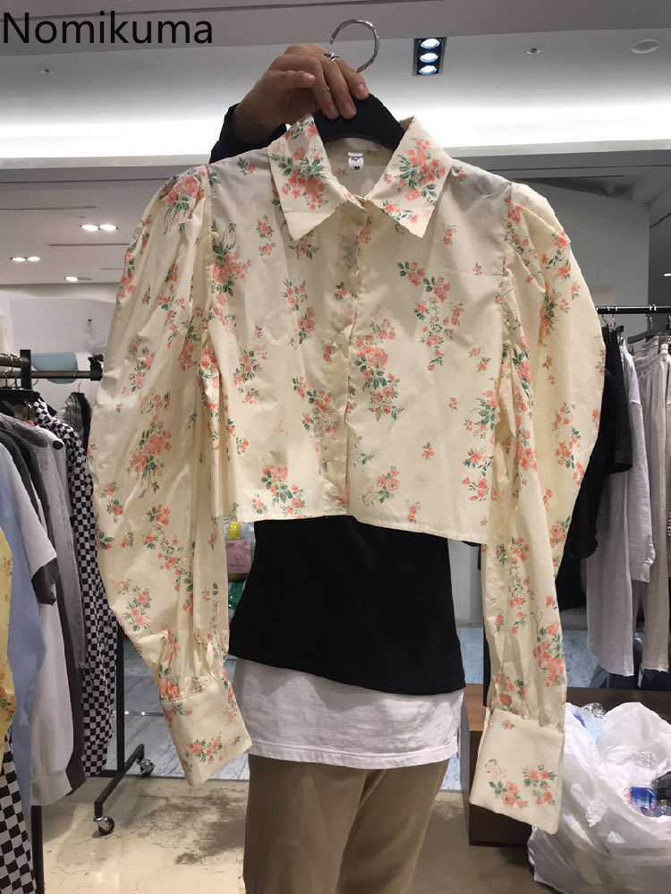 Nomikuma Floral Puff Sleeve Women Shirt Causal Turn-down Collar Short Blouses Spring Korean Elegant Blusas Femme New 6F508 210427