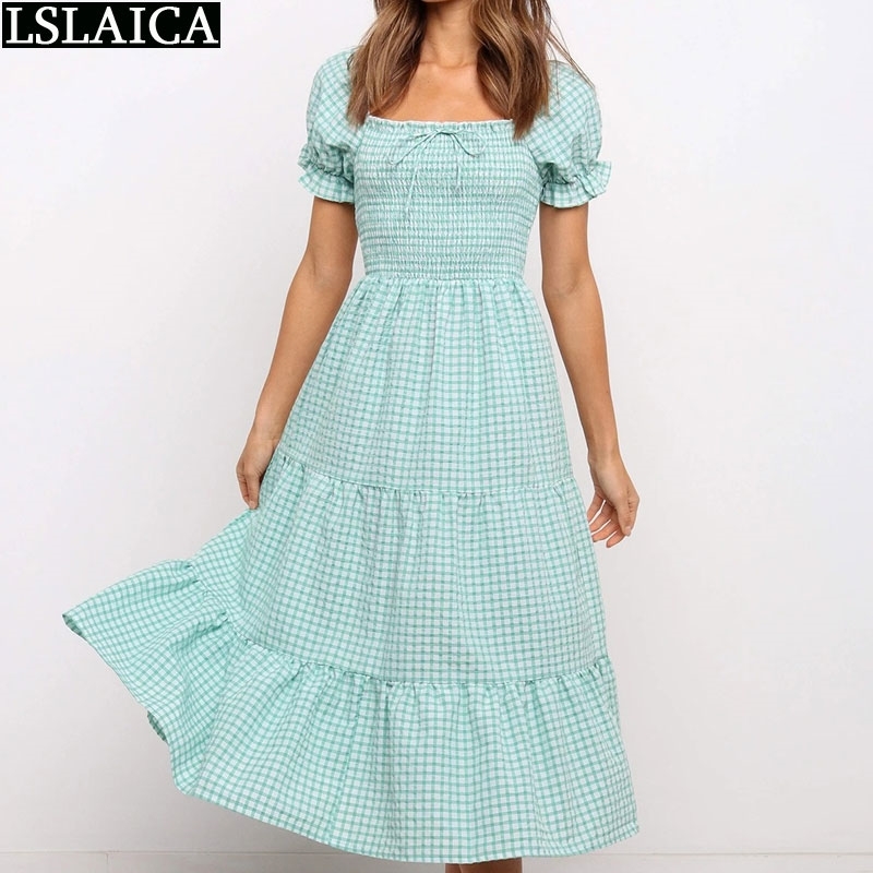

Party Dress Short Sleeve Ruched Strappy Bow Mid-length Women's Fashion Small Fresh Style Sukienka Damska 210520, Turquoise