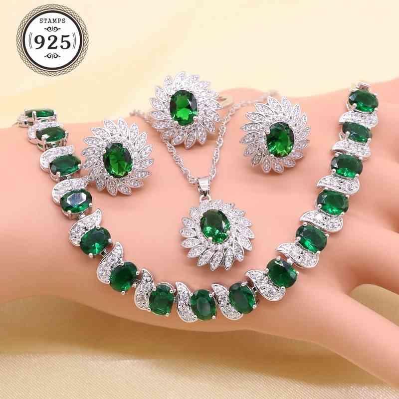 

Green Imitated Emerald Crystal White Zirconia Silver color Bridal Jewelry Sets For Women Necklace Pendant Earrings Ring Bracelet, Blue 4pcs