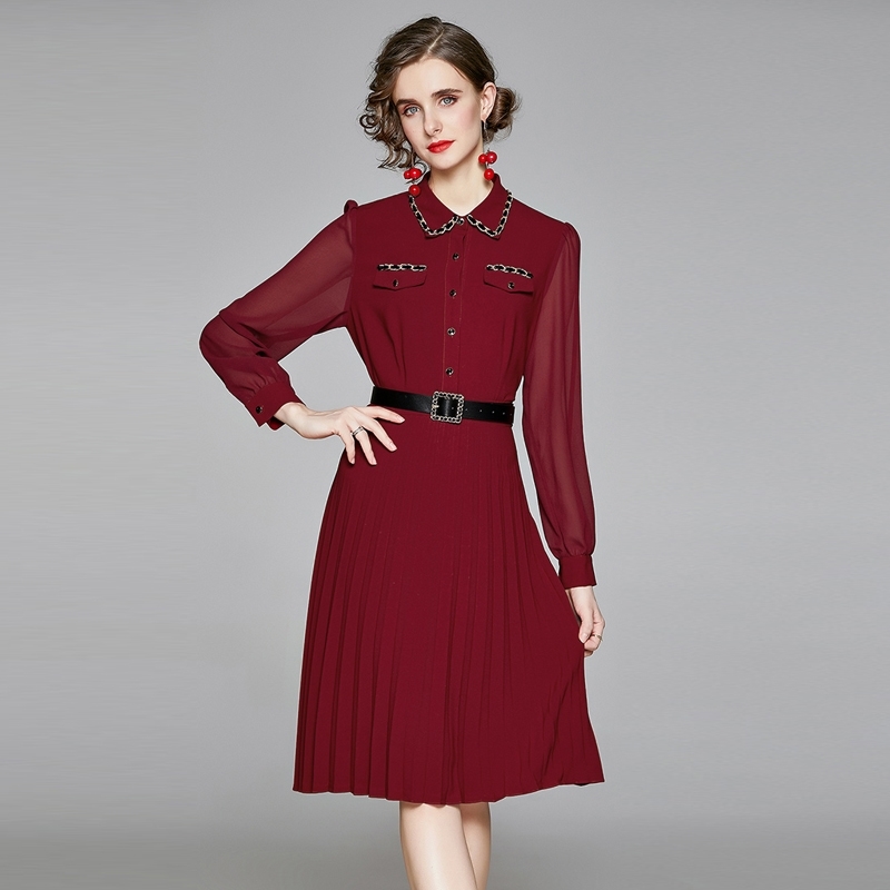 

Spring Summer Women Beading Solid Midi Shirt Dress Office Lady Long Sleeve Elegant Chiffon Pleated Christmas with Belt 210603, Burgundy