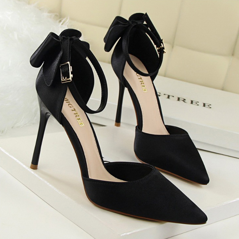 

BIGTREE Sandal Bow Shoes Women Pumps Silk Casual High Heels Female Stiletto Red Wedding Shoe Woman Sandals Fast Ship, Black