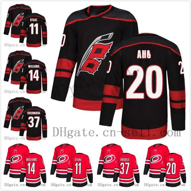 Men 20 Sebastian Aho 37 Andrei Svechnikov 14 Justin Williams 11 Staal Red Black Home Embroidery Mens Womens Kids Hockey Jerseys