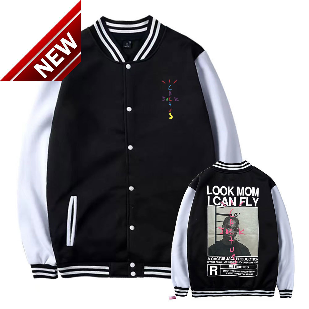 

Cactus Jack Rainbow Letter Print Jacket Oversized Jackets Coat Men Women Look Mom i Can Fly Travis Scott Baseball Uniform, Pink