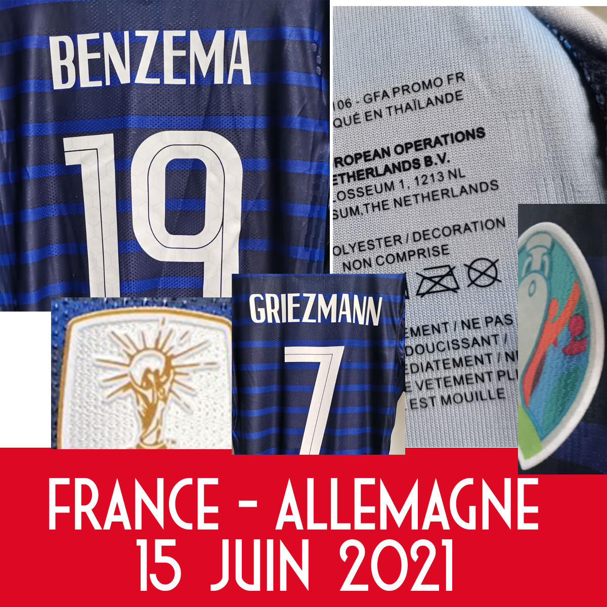 

American College Football 2021 Match Worn Playe issue benzema maillot Vs Allemagne Griezmann Pogba Kante Giroud With Game MatchDetails Jersey, Player version vs allemagne