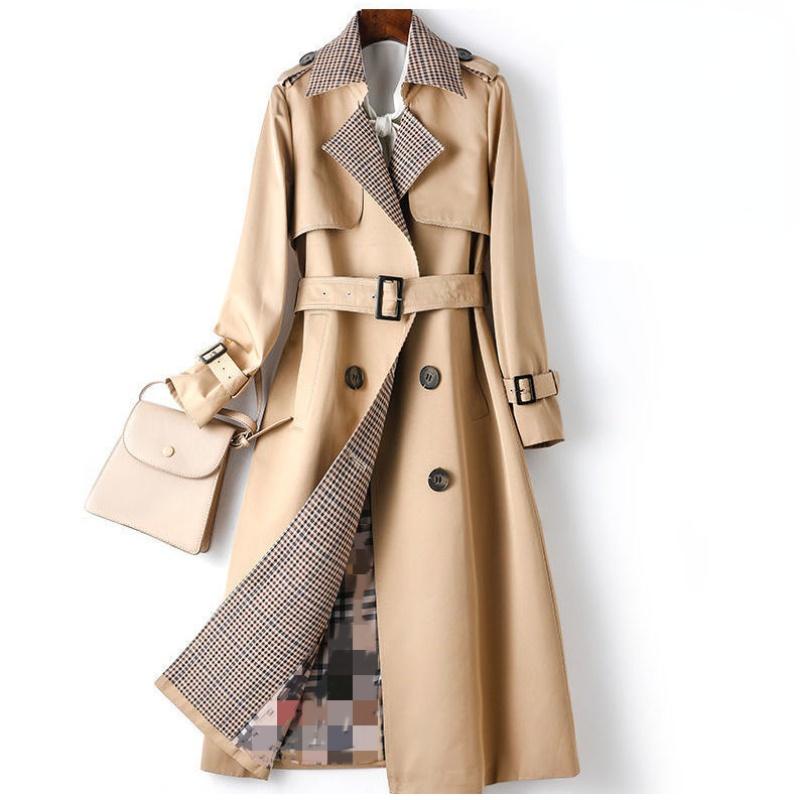 

Women's Trench Coats Aibeautyer Spring Autumn Coat Korean Plaid Loose Double-Breasted Belted Mid-Length Cloak Blue Oversized, Khaki