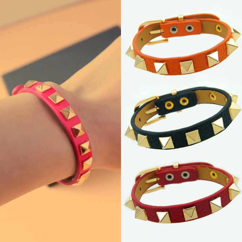 

Punk Style Gold Plated Stainless Steel Rivet Bracelet 4 Holes Adjustable Genuine Leather Bracelet Bangle for Men and Women Gift Q0717