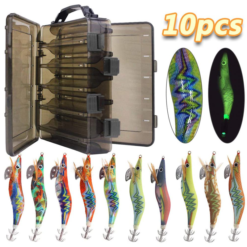 

10pcs/box Luminous Squid fishing bait hooks Wooden Shrimp jigs Fishing Lures hook 12g 15g Artificial bait with double layer box 210415
