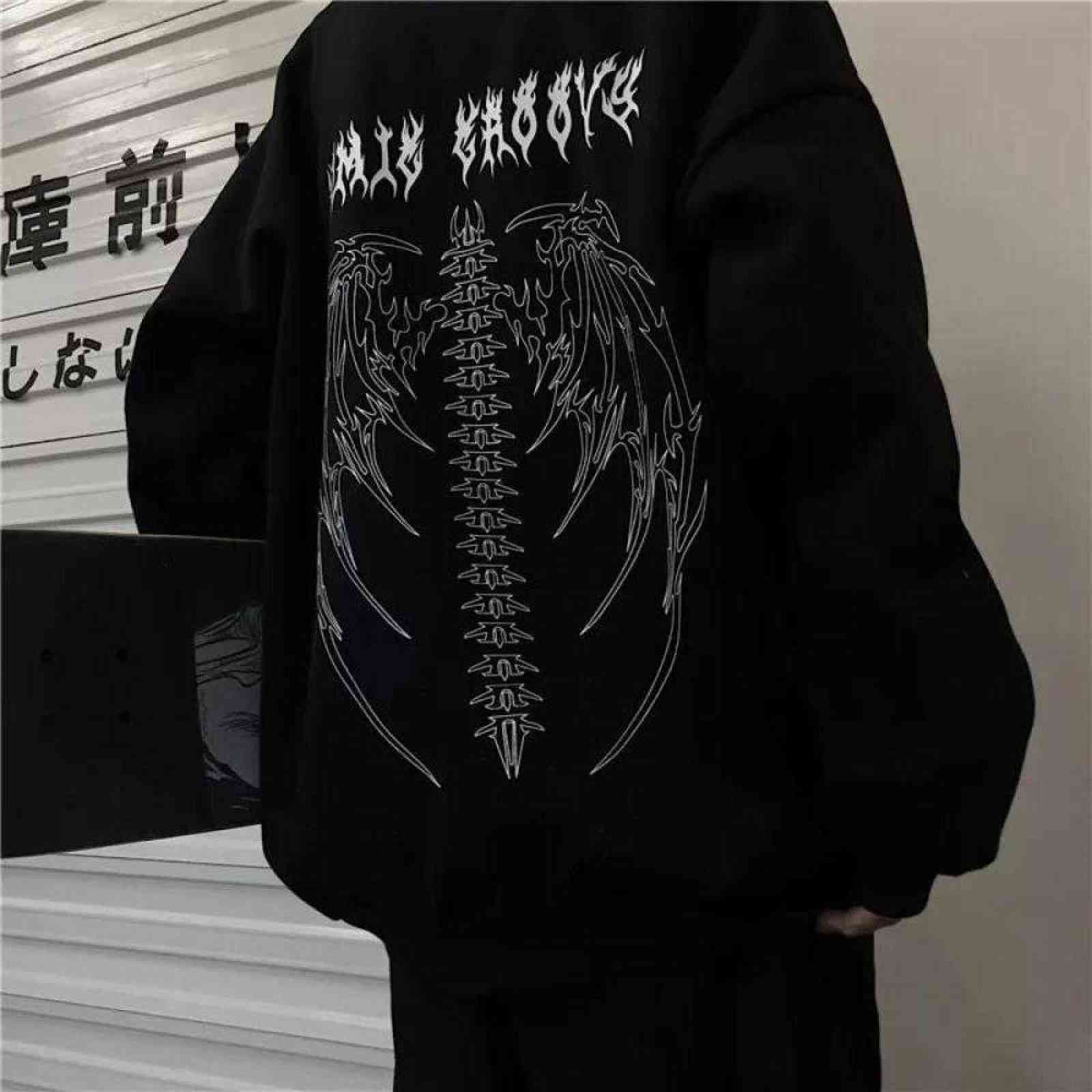 

Streetwear Harajuku Hoodie Y2K Tops Girls Retro Gothic Oversized Hood Punk Anime Print Clothes Hip-Hop High Street Sweatshirts 211108, Black
