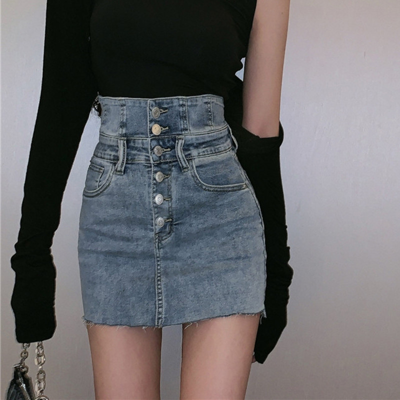 

Lucyever Summer Sexy Bodycon High Waist Skirts Women Fashion Slim Button Denim Short Skirts Woman Solid Chic Mini Skirt 210521, Blue