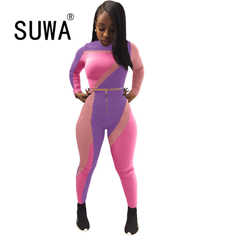 

Contrast Patchwork Tracksuit 2 Piece Outfits Women Matching Sets Long Sleeve Crop Top Dance Pencil Pants Sexy Fitness Wear 210525, Purple