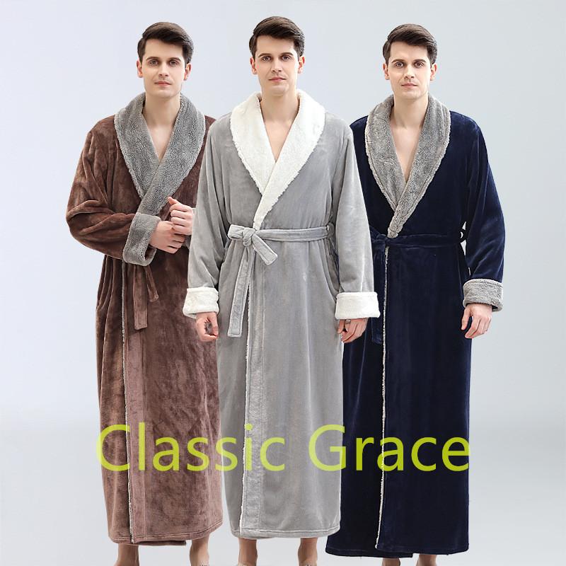 

Men's Sleepwear Elegant Style Robes For Man Thick Warm Flannel El Robe V Neck Winter Bathrobe Gray Roben Classic Trajes Long Elbiseler