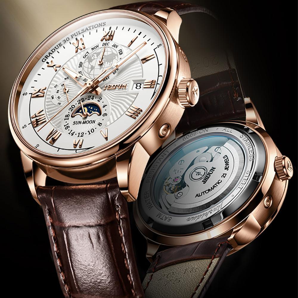 

JSDUN Men Mechanical Top Brand Luxury Automatic Watch Leather Waterproof Sports Moon Phase Wristwatch relogio masculino
