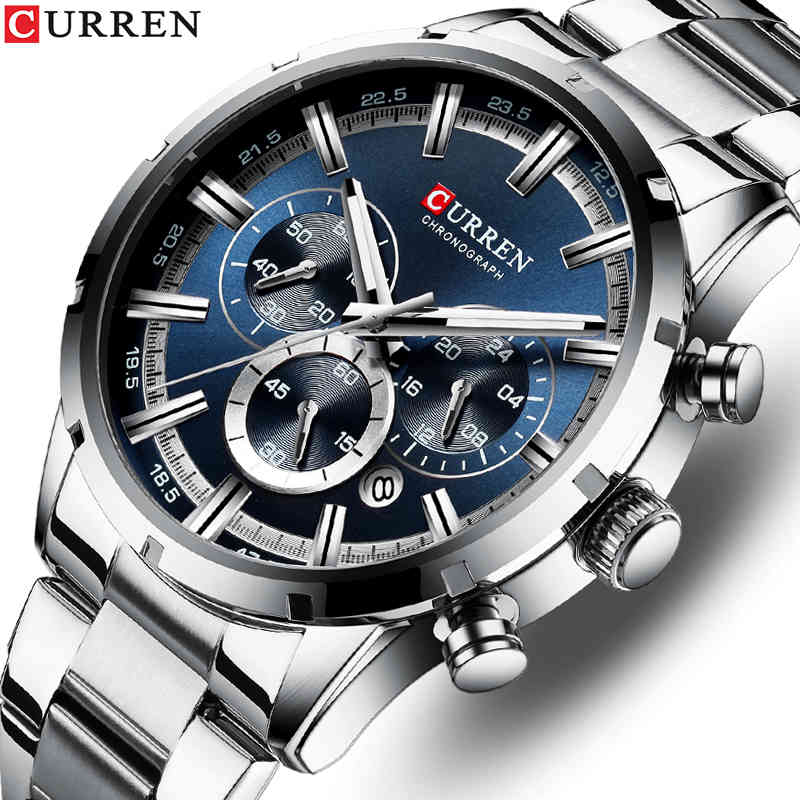 

CURREN Watches Men Casual Sport Mens Watch Waterproof Stainless Steel Wristwatch Big Dial Quartz Clock Relogio Masculino 210517, Silver blue
