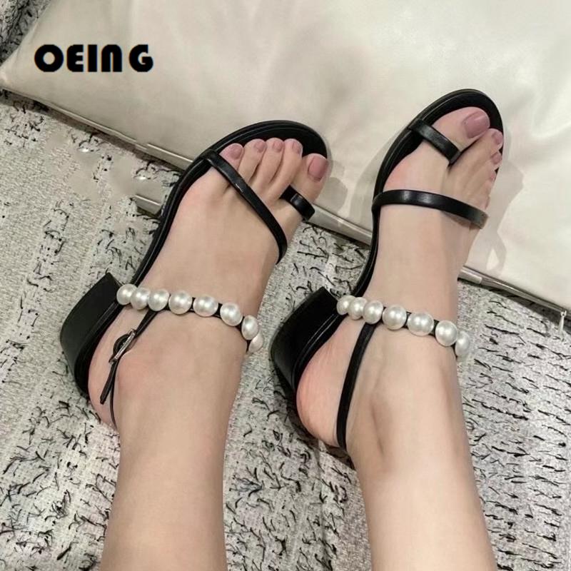 

Sandals Summer Women White Pearl Thick Mid Heels Buckle Strap Open Toe Pinch Elegant Ladies Beach Shoes, Black