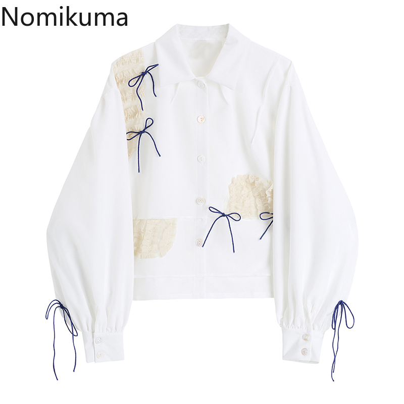 Nomikuma Spring New Women Shirts Blouses Korean Sweet Mesh Bow Tie Patchwork Blusas Femme Causal Sweet Tops 6G367 210427