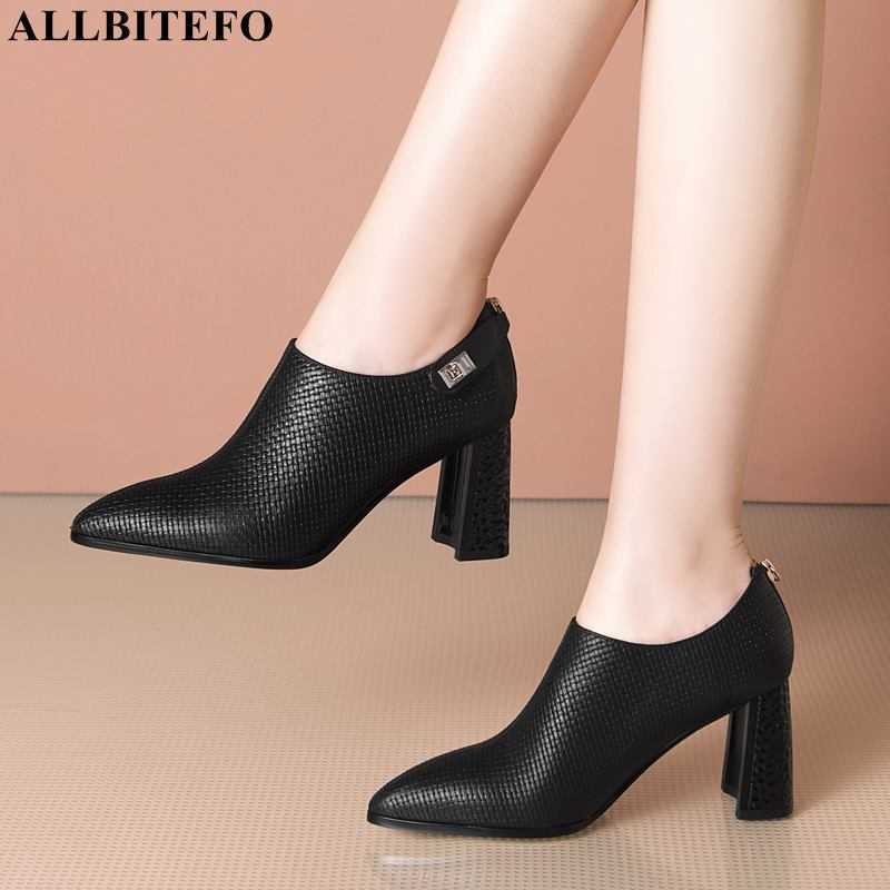 

ALLBITEFO size 33-42 Weave texture natural genuine leather women heels spring fashion thick heel high heel shoes high heels 210611, As picture