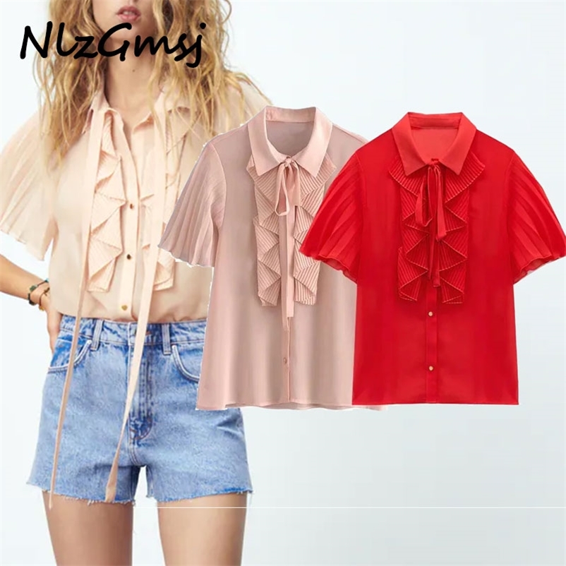 

Blouse Women Chiffon Gathering Pleated Blouses Vintage Bow Patchwork Long Sleeve Female Shirts Blusas Chic Top 06 210628, As picture