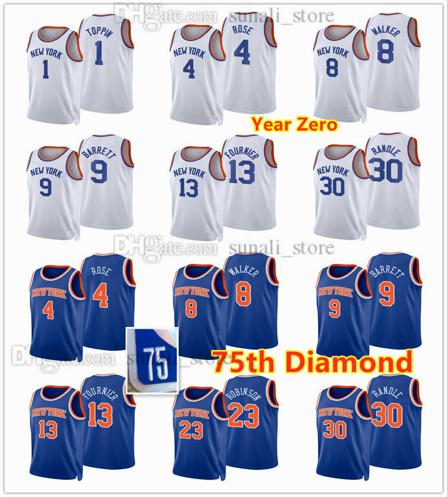 

75th Anniversary Diamond Basketball Jerseys 2021/22 Julius Randle 30 Evan Fournier 13 Derrick Rose 4 Kemba Walker 8 RJ Barrett 9 Obi Toppin 1 Mitchell Robinson 23, White