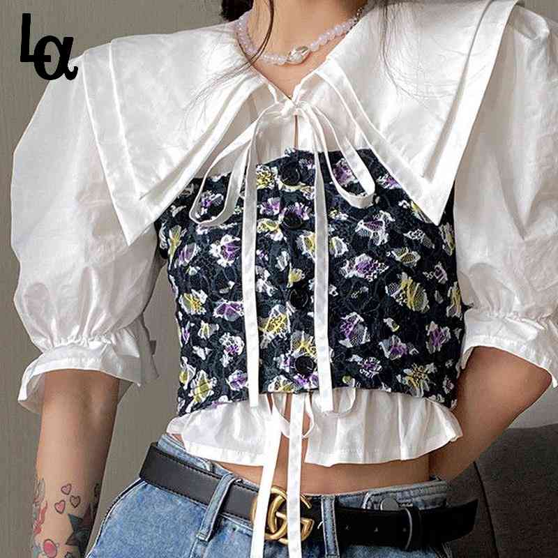 

Summer Elegant Floral Blouse Women Kawali Vintage Sweet Casual Puff Sleeve Chic Two Piece Suit Party 210519, Strap