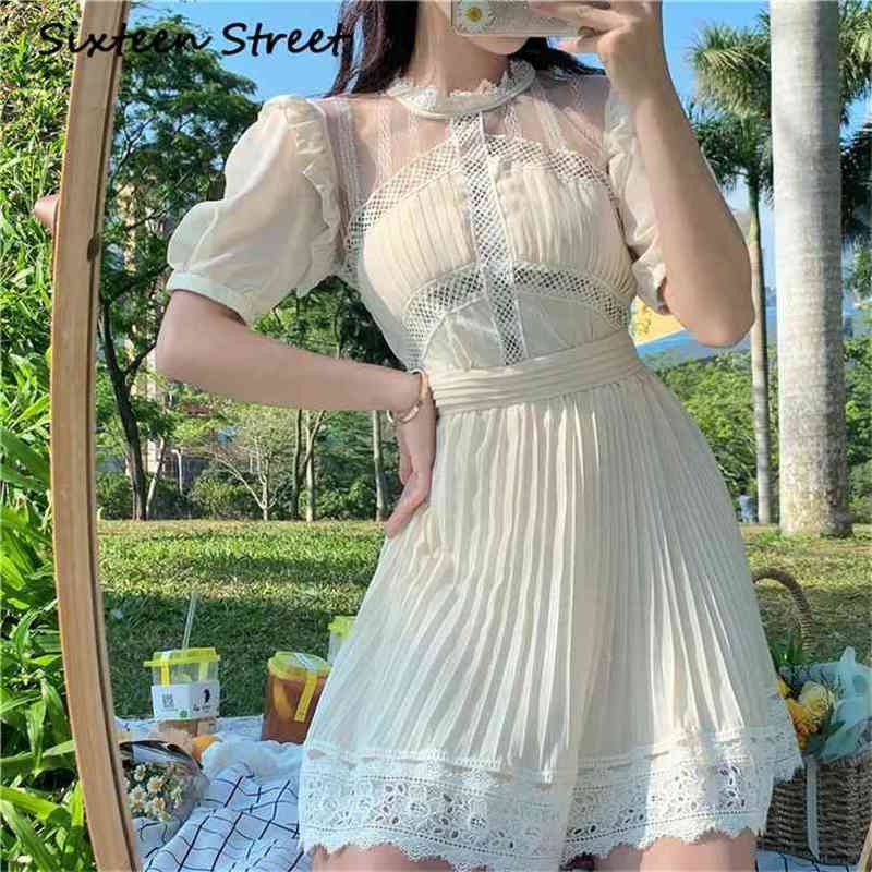 

Summer Apricot Chiffon Pleated Dress Woman Short Puff Sleeve O-neck Lace Patchwork Mini Female Vacation Outside Cloth 210603, Blue