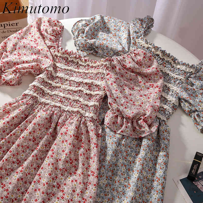 

Kimutomo Floral Print Dress Women Summer French Style High Waist Lace Patchwork Slash Neck Short Sleeve Vestidos Fashion 210521, Pink