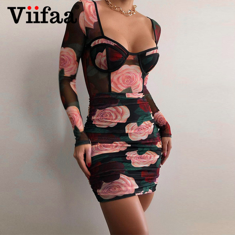 

viifaa sweetheart neck floral print see through mesh mini dresses for women party high waist bodycon ruched dresshigh quality, Black;gray