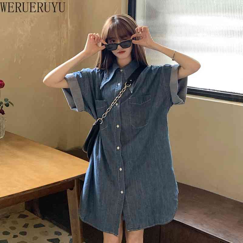 

WERUERUYU Fashion Women Short Sleeve Pockets Single-breasted Irregular Hem Knee-length Denim Shirt Dress 210608, Photo color