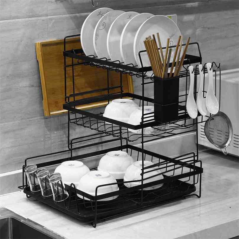 

Dish Drying Storage Rack Holder with Drainboard Plate Cup Spoon Drainer Shelf Countertop 2/3 Tier Kitchen Utensil Organizer 210902